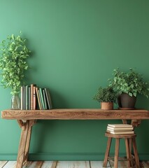 Wall Mural - Rustic wooden bench with books and plants in front of a sage green wall, creating a calm and inviting interior space