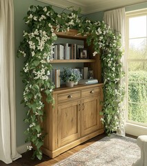 Canvas Print - Rustic wooden cabinet with bookshelves and climbing plants, light teal walls, soft natural light, and a patterned rug. A cozy home interior scene