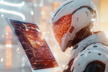 Poster - A futuristic robot conducting an advanced AI-driven assessment on a holographic display