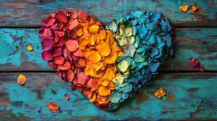 Wall Mural - A heart shape crafted from vibrant flower petals sits on a wooden table