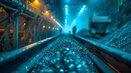 Poster - Workers navigate through a dimly lit industrial area, where blue lighting enhances the view of metal tracks and large piles of materials in the background during the evening.