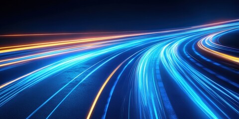Poster - Abstract Blue Motion Blur Background with Dynamic Light Trails Representing Speed and Fast Movement in a Modern Digital Environment