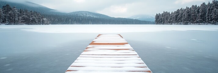 Poster - Snow covered wooden pier stretching towards the center of a frozen lake, surrounded by snow laden trees and distant mountains, creating a serene and picturesque winter scene