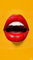 Poster - Open mouth with red lipstick is showing perfect white teeth on a yellow background with wavy lines, representing beauty, cosmetology, and dental care