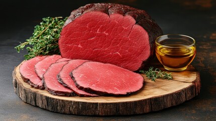 Wall Mural - Sliced roasted beef on wooden cutting board with herbs and a small bowl of oil. Dark background