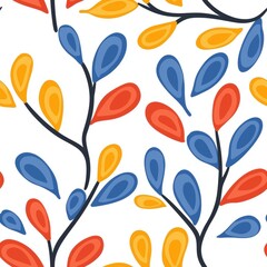 Poster - Vivid Floral Folk Art Composition with Colorful Leaves and Abstract Design