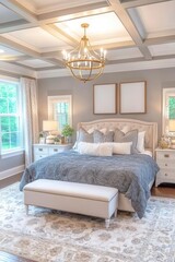 Canvas Print - Spacious bedroom interior, featuring a large bed with gray patterned comforter, beige bench, and light gray walls. A light gold chandelier hangs