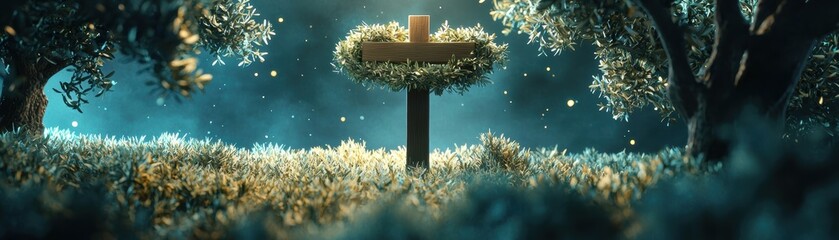 Poster - A serene, illuminated scene featuring a wooden signpost surrounded by lush, glowing foliage under a starry night sky., Ash Wednesday
