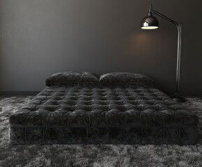 Wall Mural - Stylish black bed with dark gray walls, a floor lamp, and a modern minimalist interior design. The room has a dark gray floor, a black quilted bed