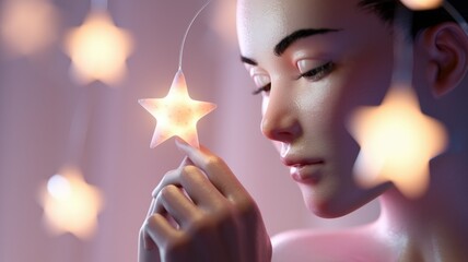 Aufkleber - A woman gently holds a glowing star, bathed in soft light, creating a magical, ethereal atmosphere.