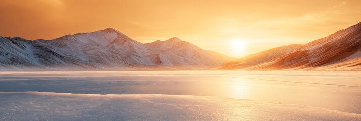Poster - Warm sunlight bathing a snow covered mountain range and a frozen lake at sunset, creating a serene and breathtaking winter landscape filled with tranquil beauty