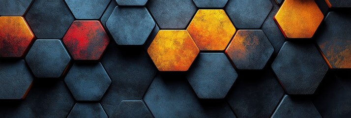 Poster - Geometric pattern of hexagons in various shades of blue, orange, and yellow
