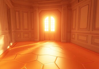 Sticker - Empty sunlit room with golden honey colored walls, a wooden door and hexagon patterned floor, showing bright sunlight from entrance