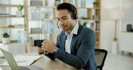 Fototapete - Call center man, talking and laptop in office, listen and financial advisor with chat for customer care. Consultant, tech support or agent with computer, mic or headphones for voip, crm and help desk