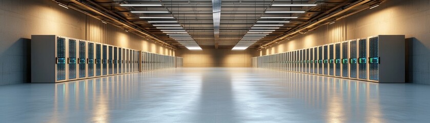 Wall Mural - A spacious, well-lit room featuring rows of modern lockers against a smooth, reflective floor, creating a minimalistic and organized atmosphere.