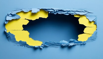 Fototapete - a hole is torn through a light blue surface, revealing a bright yellow interior, creating a graphic 