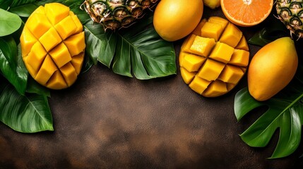 Wall Mural - Freshly cut mango slices and other tropical fruits arranged on a dark surface with vibrant green leaves, creating a visually appealing still life