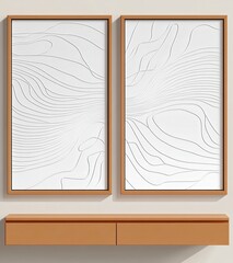 Poster - Two framed light beige abstract art pieces on a light brown wooden shelf against a light beige wall