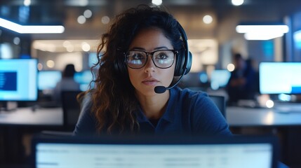 Poster - Professional woman working in an office environment with headset and computer screen