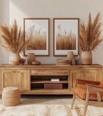 Wall Mural - Modern living room interior design featuring a light beige wall, a wooden sideboard with decorative objects, and framed art pieces of tan grasses