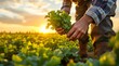 © max - Farmer Harvesting Fresh Cilantro in a Sunlit Field
