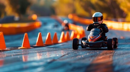 Poster - Young racers navigate a winding track marked with orange cones under a warm afternoon sun, showcasing their skills and determination in go karting.