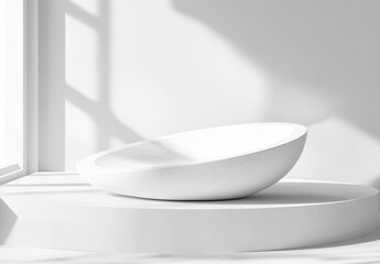 Poster - simple white minimalist scene, a smooth, light toned, slightly textured, oval shaped object, sits on