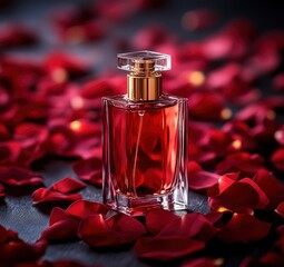 Wall Mural - Elegant red rose petals forming a symmetrical pattern around the bottle of perfume, creating a luxurious 