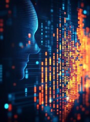 Poster - Abstract digital profile of a person's face with glowing orange and blue lines, background displays data or information in code form