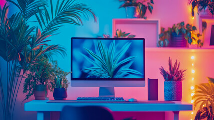 Poster - Luminous Workspace: Neon Oasis with Flora