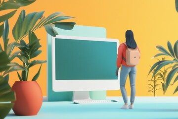 Poster - Visual layout for online advertising featuring a person with a backpack near a computer