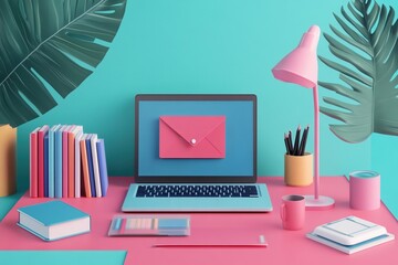 Poster - Colorful workspace layout for online advertising featuring modern desk elements
