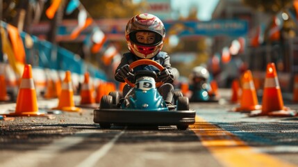 Poster - Young drivers are racing go karts at an outdoor track filled with colorful cones, showcasing their skills and excitement in a lively atmosphere during a sunny afternoon.