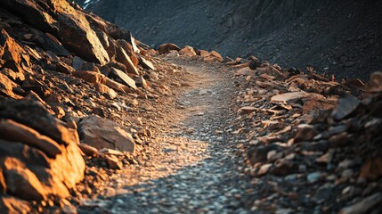 Poster - Golden sunlight illuminates a narrow path winding its way through a rocky mountain terrain, creating a dramatic scene of adventure and exploration in nature's embrace at sunset