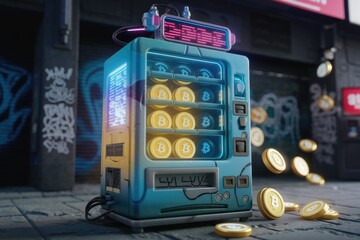 Poster - A futuristic vending machine dispensing Bitcoins in a graffiti-covered alleyway.