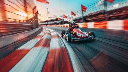 Aufkleber - A go kart speeds along a winding track with red and white checkered patterns at sunset, creating a thrilling racing atmosphere infused with vibrant colors.
