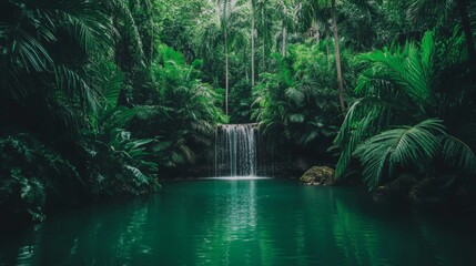 Poster - Emerald green water flows gently over a small waterfall, creating a serene pond surrounded by vibrant, lush tropical vegetation in a tranquil jungle setting