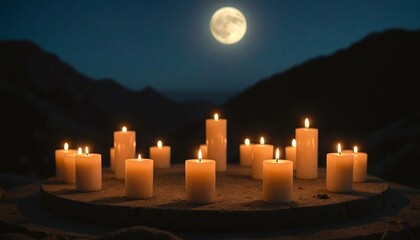 Wall Mural - White candles in circle under full moon on rock