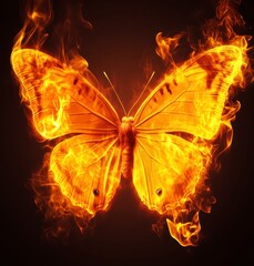Poster - fiery butterfly, orange yellow wings engulfed in flames, dark background, dramatic lighting, abstrac