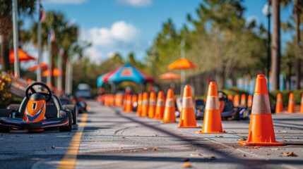 Poster - Go kart racing takes place at an outdoor track lined with bright orange cones, surrounded by palm trees and colorful canopies under a clear blue sky.