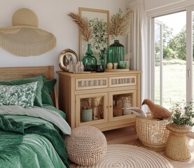 Wall Mural - Neutral color bedroom interior with wooden furniture, emerald green bedding, and woven accessories. Natural light streams into a room with a view of