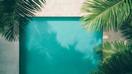 Aufkleber - Lush green palm trees frame a vibrant turquoise swimming pool, their shadows dancing on the surface of the water, creating a serene and inviting oasis