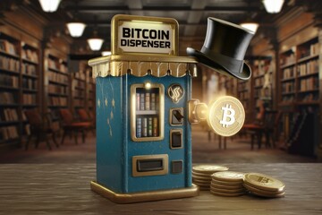 Aufkleber - A vintage Bitcoin dispenser in a library setting, dispensing crypto coins.