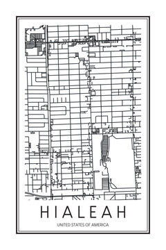 Printable downtown road map poster of the USA city of HIALEAH on solid white background with city name