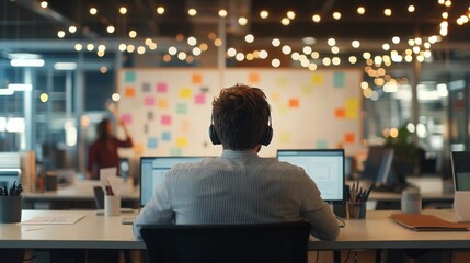 Poster - Dynamic workspace with creative individuals collaborating on projects at dusk
