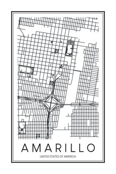 Printable downtown road map poster of the USA city of AMARILLO on solid white background with city name