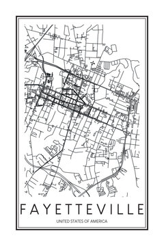 Printable downtown road map poster of the USA city of FAYETTEVILLE on solid white background with city name