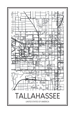 Printable downtown road map poster of the USA city of TALLAHASSEE on solid white background with city name