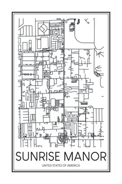 Printable downtown road map poster of the USA city of SUNRISE MANOR on solid white background with city name