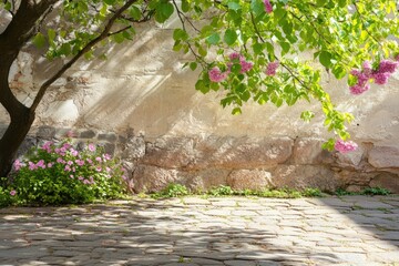 Wall Mural - Serene garden scene with blooming flowers, vibrant green leaves, and textured stone pathway under soft sunlight, peaceful outdoor retreat concept.
